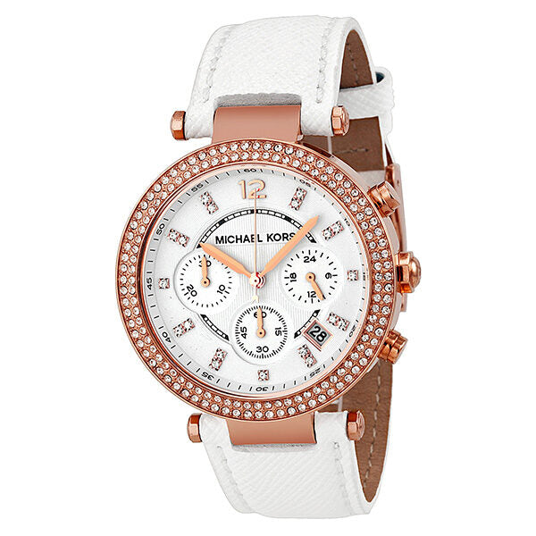 Michael Kors Parker Chronograph rose gold-tone ladies watch with white leather strap and crystal bezel