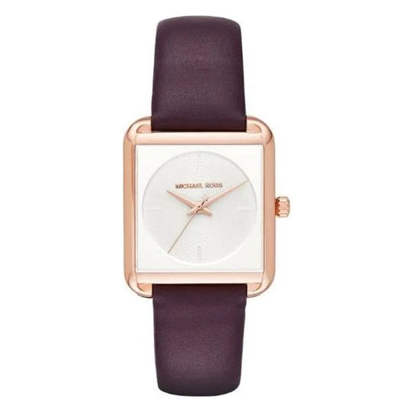 Michael Kors Lake MK2585 women's watch with rose gold case, white dial, and burgundy leather band