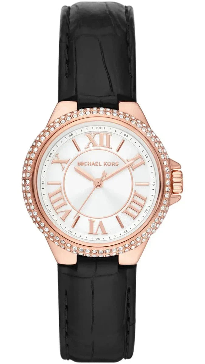 Michael Kors Mini Camille watch with rose gold case, crystal bezel, white dial, Roman numerals, and black leather strap