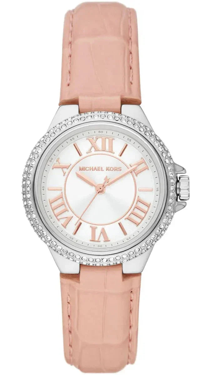 Michael Kors Camille women's watch with white dial, crystal-set bezel, Roman numerals, and pink leather strap