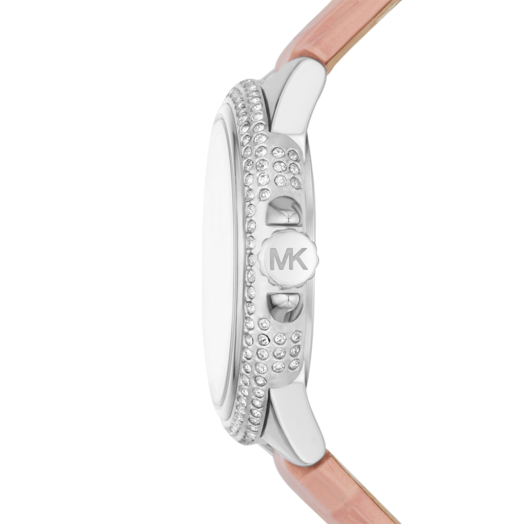 Side profile of Michael Kors Camille watch showing crystal-embellished case and pink leather strap