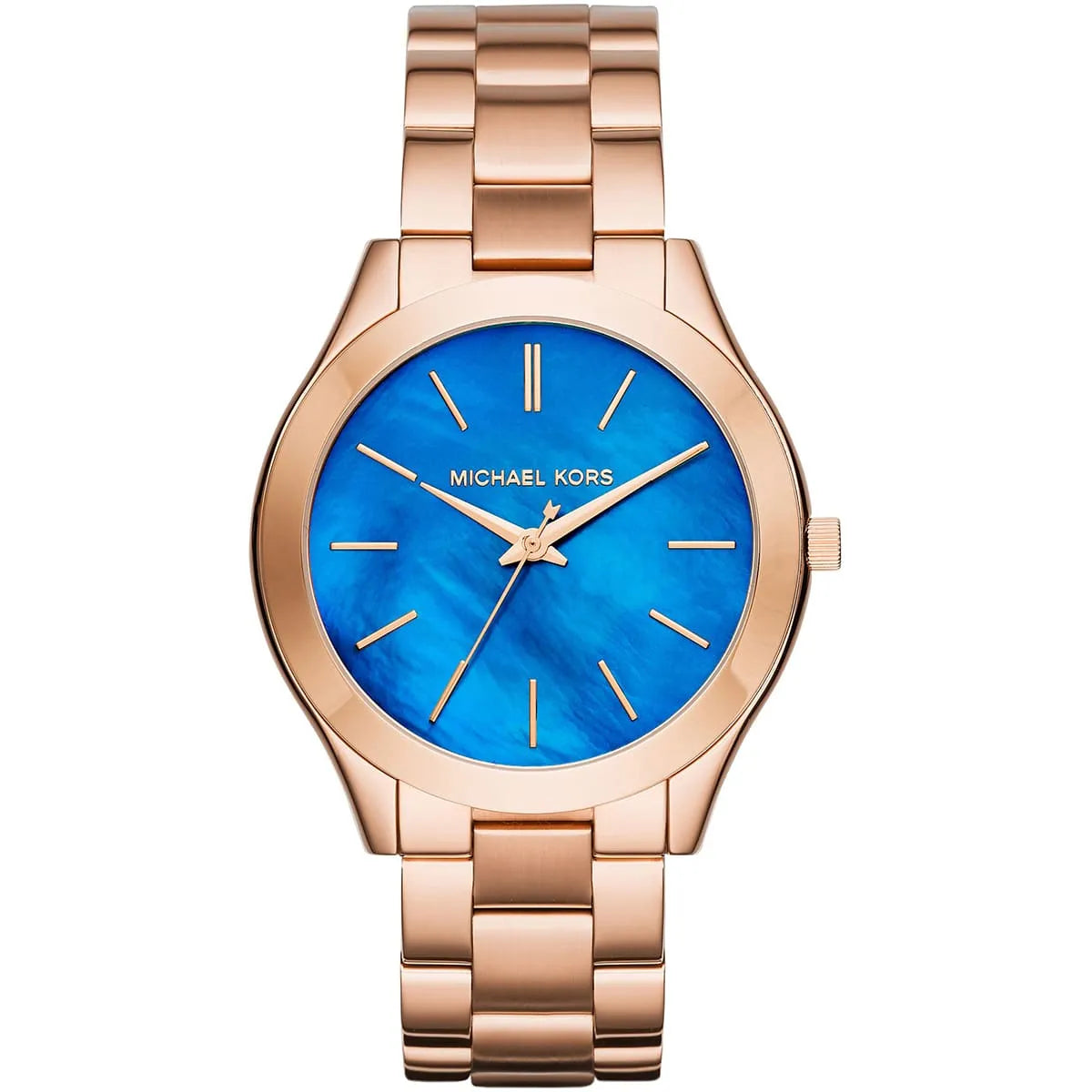 Michael Kors Slim Runway MK3494 watch with blue dial and rose gold metal strap