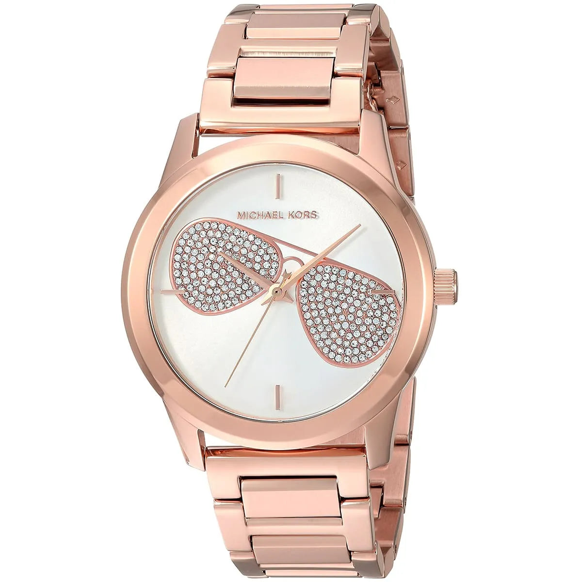 MK3673 three-quarter view showing white dial with crystal-embellished sunglasses motif and rose gold metal bracelet