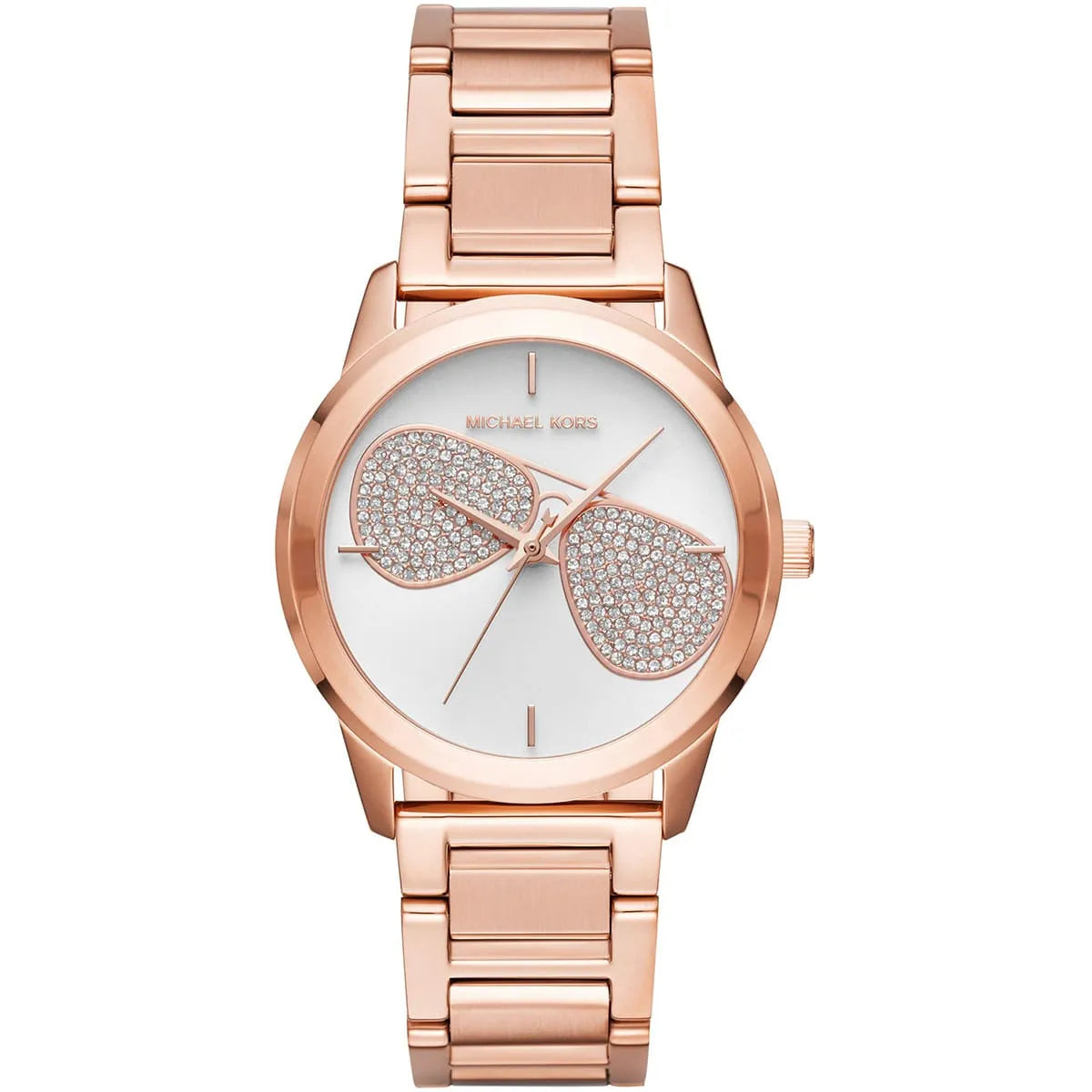Michael Kors MK3673 women's watch with white dial, crystal sunglasses design, and rose gold stainless steel strap