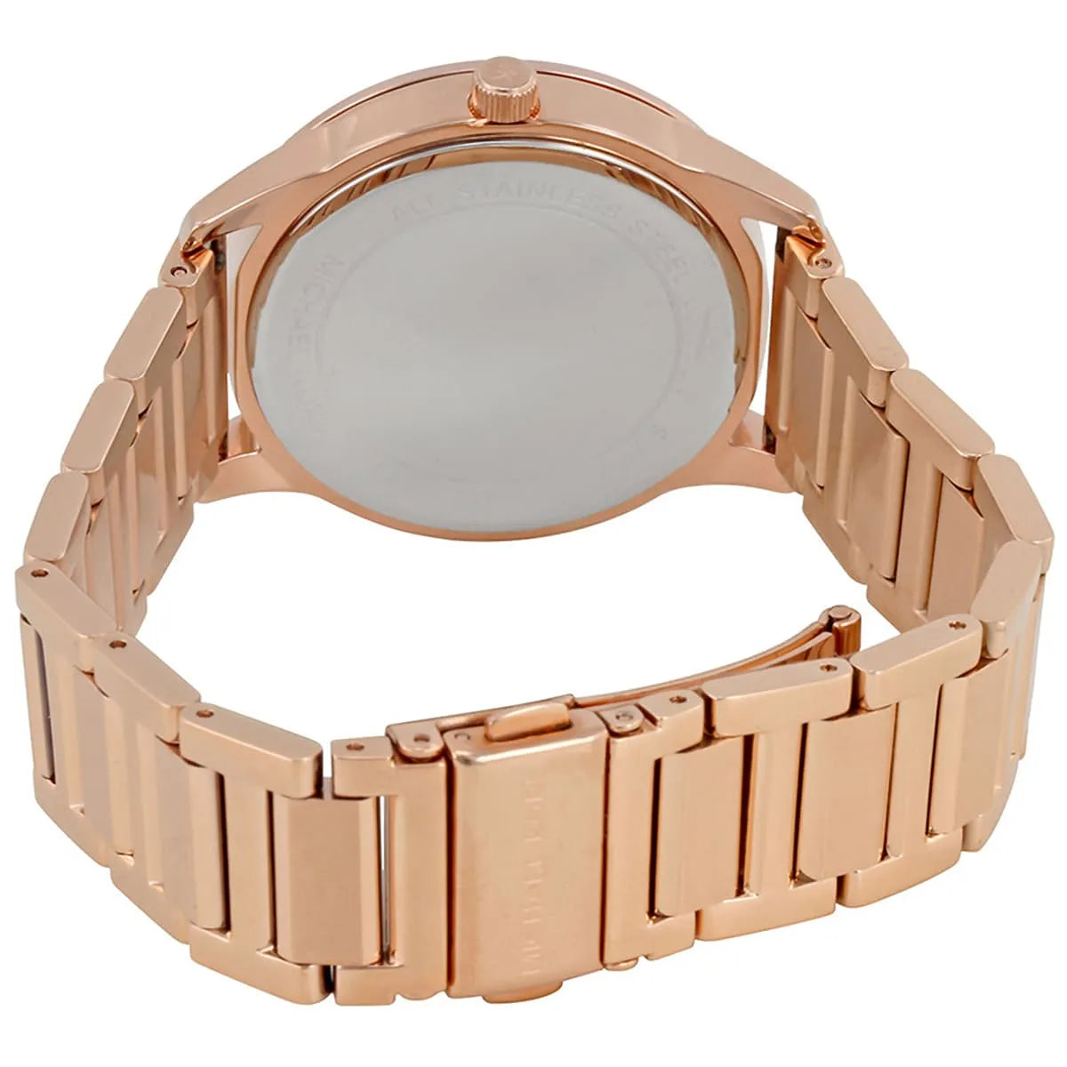 Rose gold stainless steel bracelet strap detail of Michael Kors MK3673 with fold-over clasp