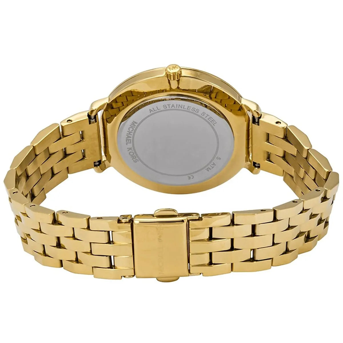 Gold-tone stainless steel caseback of Michael Kors Pyper watch with metal bracelet