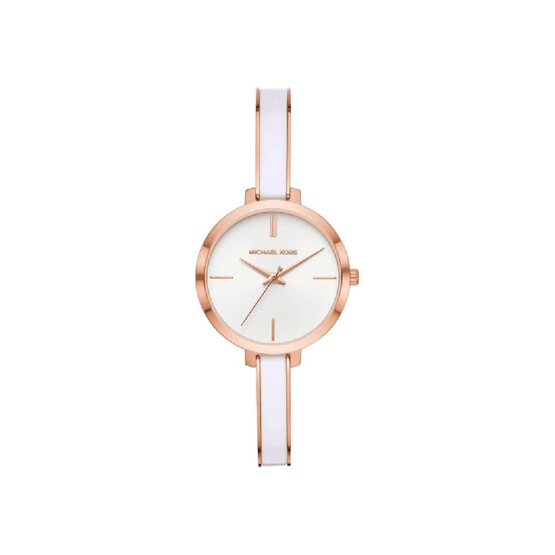 Michael Kors Jaryn white dial women's watch with rose gold case and white acrylic strap