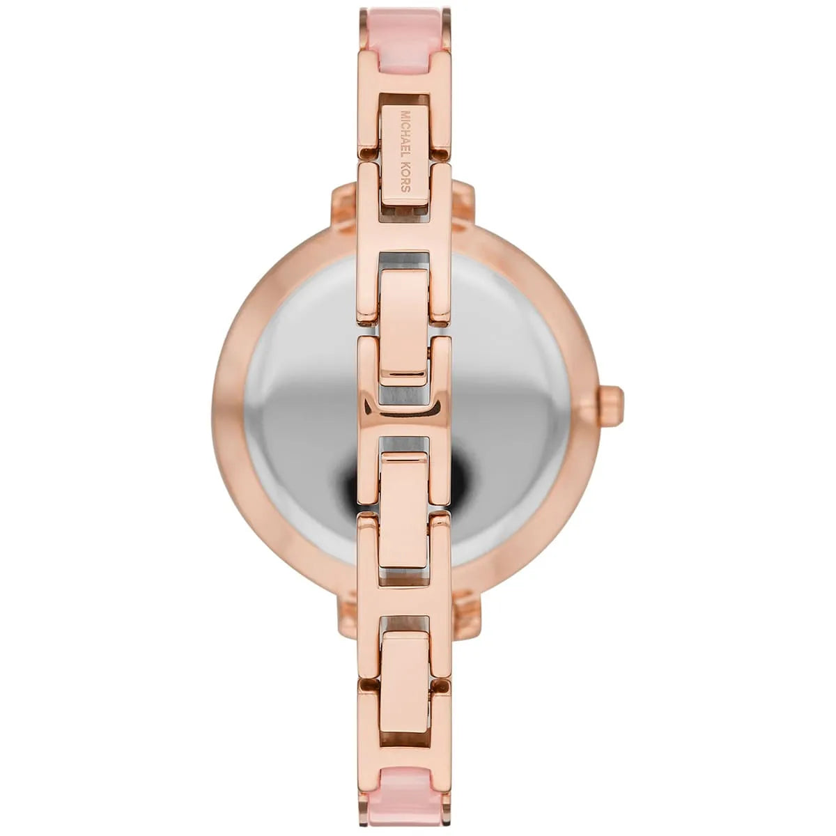 Caseback view of Michael Kors Jaryn watch showing stainless steel inscription