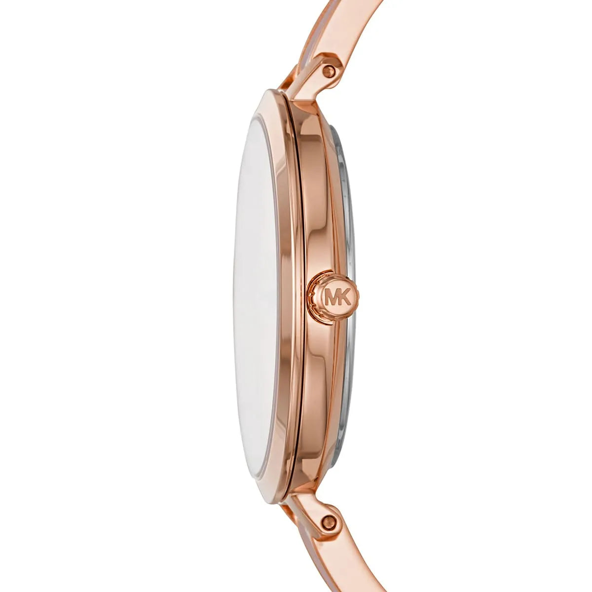 Side view of Michael Kors Jaryn watch showing thin profile and MK logo