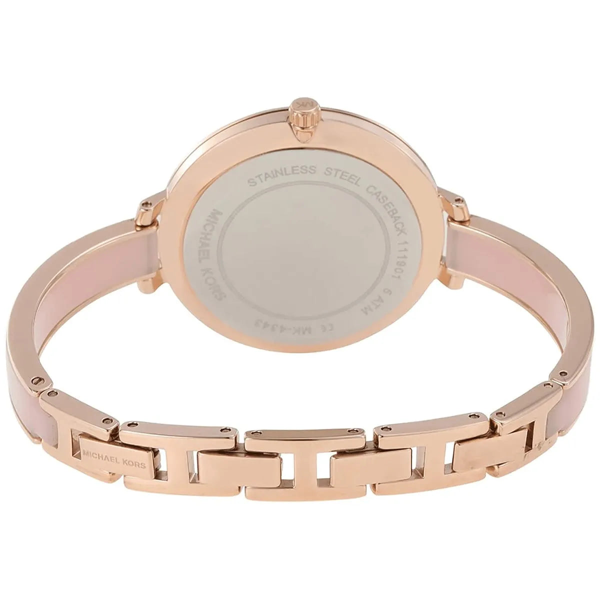 Close-up of Michael Kors Jaryn pink steel bracelet strap with links