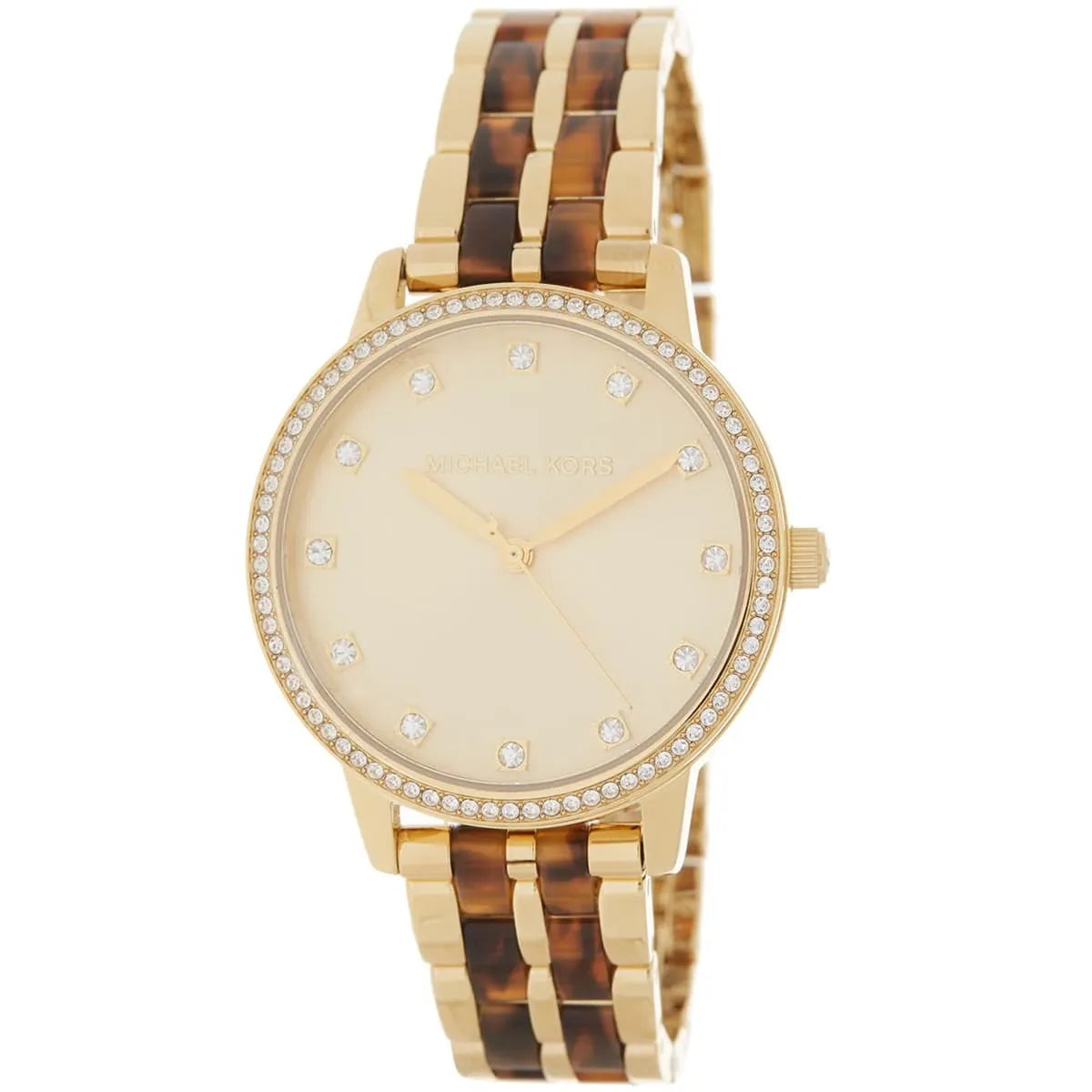 Michael Kors Melissa MK4395 watch angled view showing dial and gold tortoise bracelet
