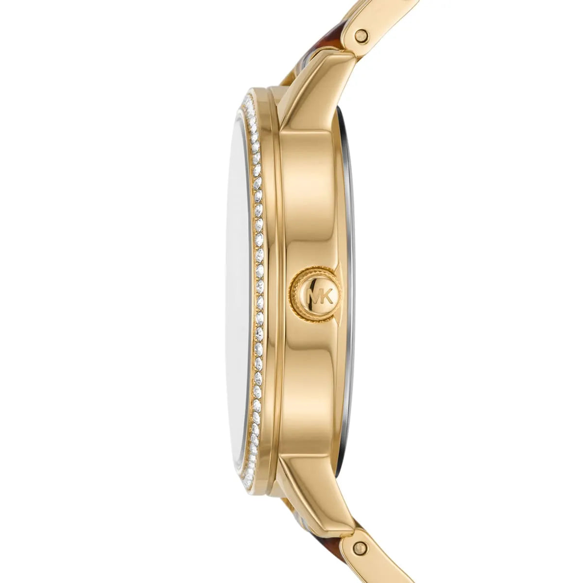 Michael Kors Melissa MK4395 watch side profile with crystal-set bezel and gold case
