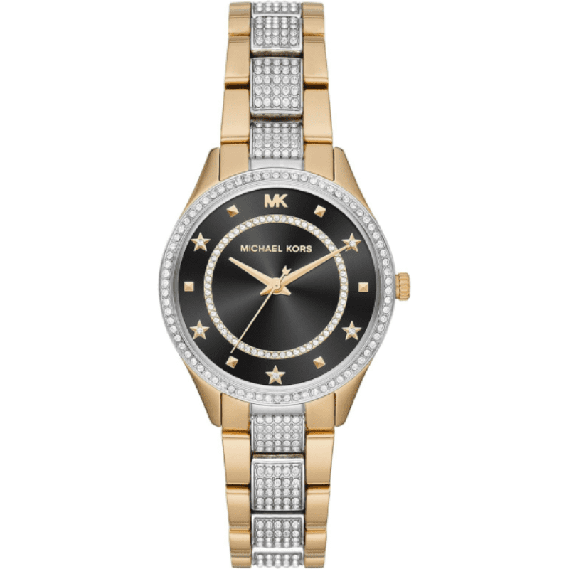 Michael Kors Lauryn women's watch with black dial, crystal pave bezel, and two-tone steel strap
