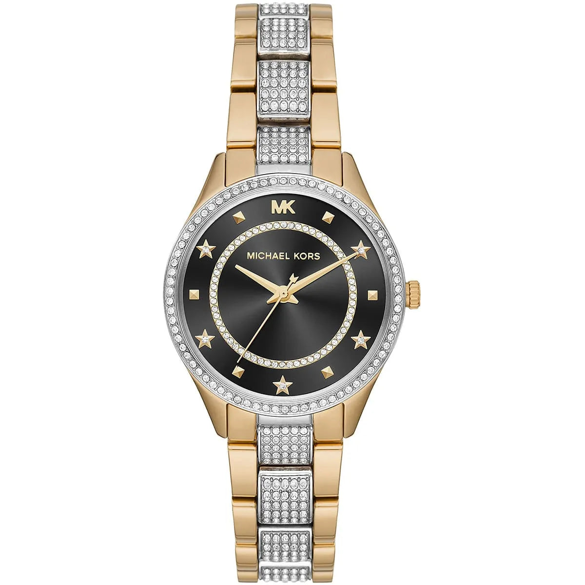 Michael Kors Lauryn watch black dial with star markers and crystal-set two-tone strap