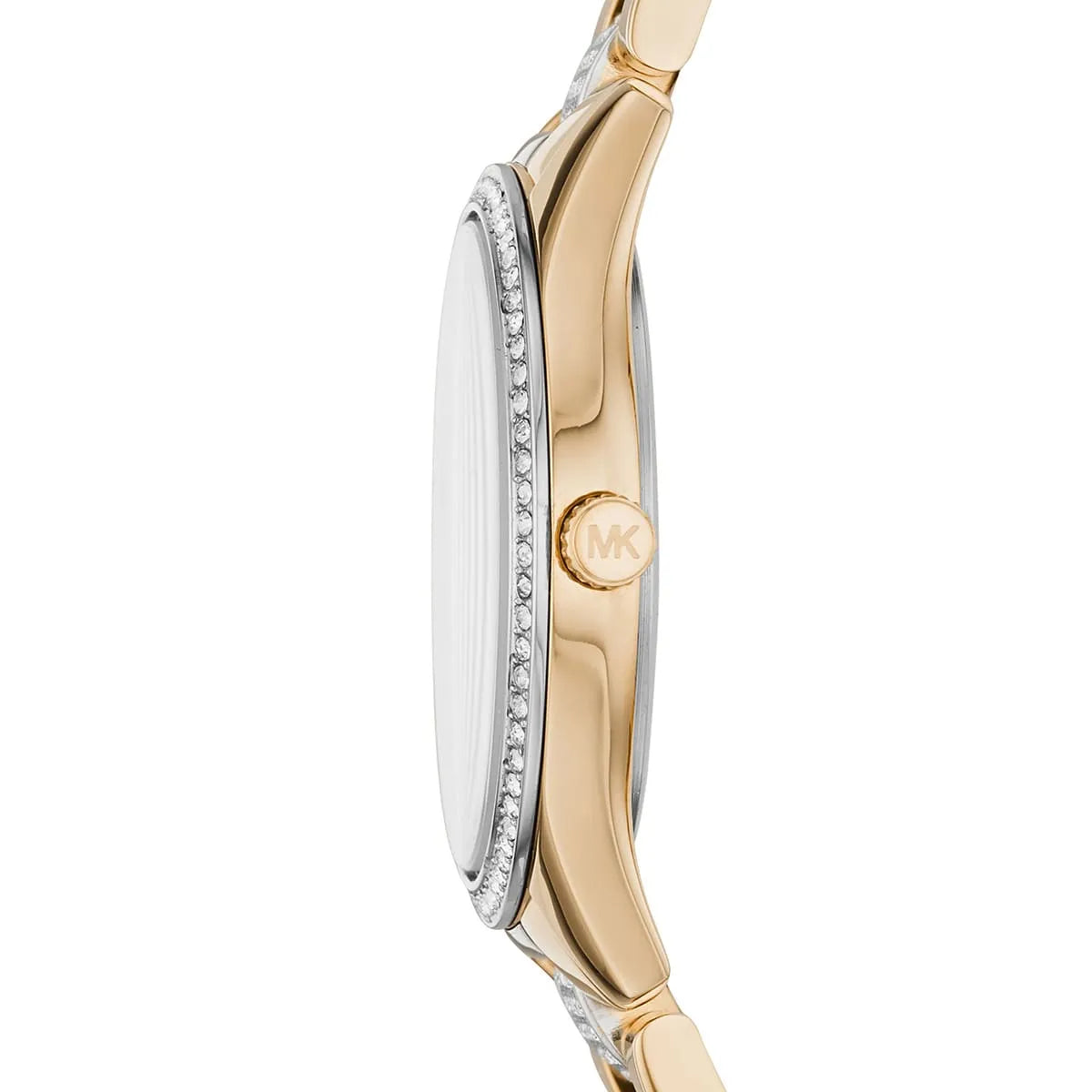 Side view of Michael Kors Lauryn watch showing crystal pave bezel and case profile