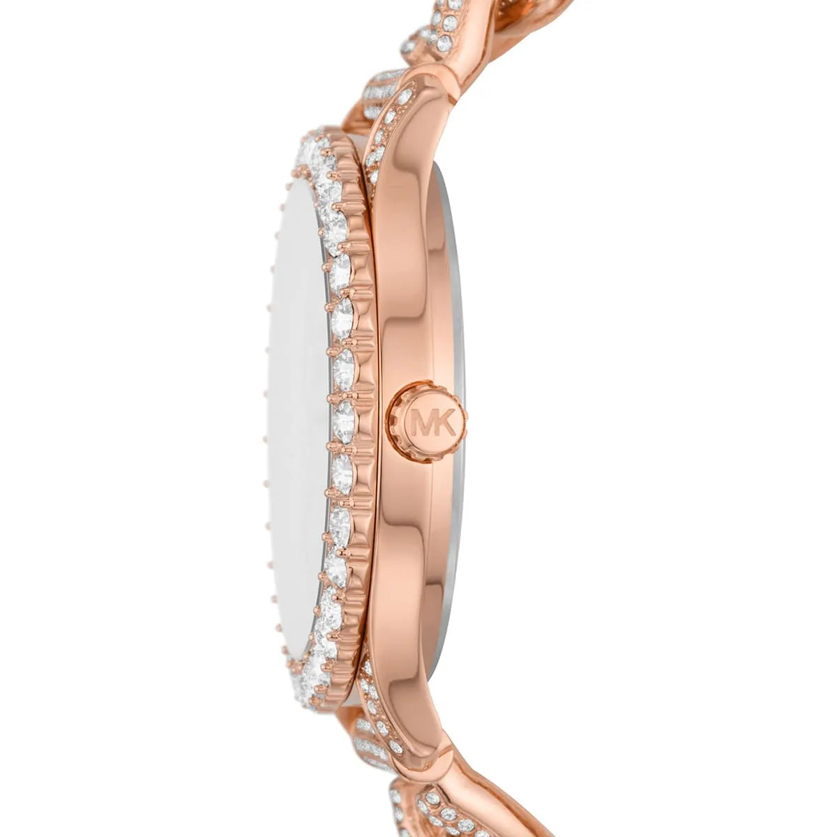 Michael Kors Pyper Gen 4654 side view of rose gold case and crystal-studded bracelet