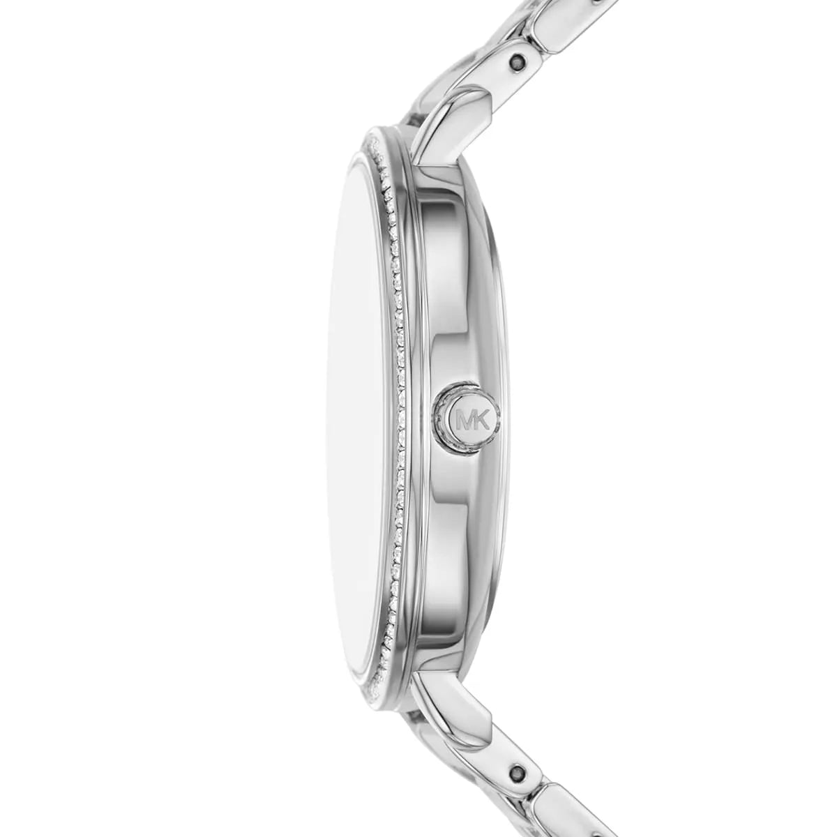Side profile of Michael Kors Pyper watch showing thin case profile and stainless steel bracelet