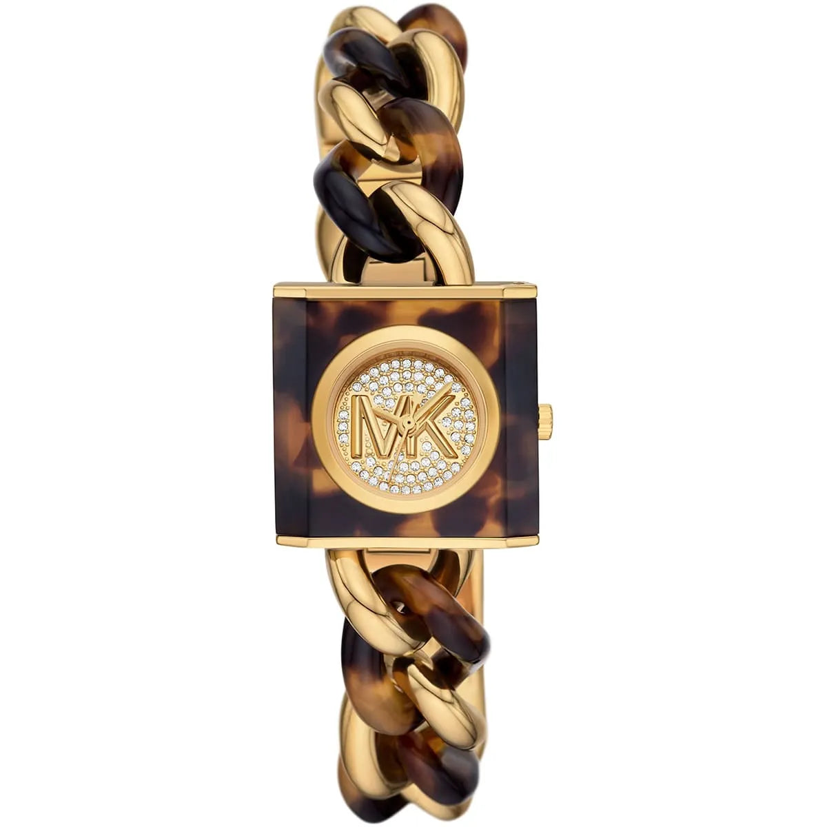 Michael Kors MK4808 watch front view with crystal-embellished MK logo on dial