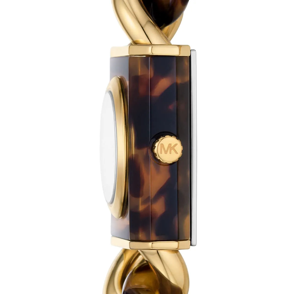 MK4808 watch strap detail showing gold-tone and tortoiseshell chain link bracelet
