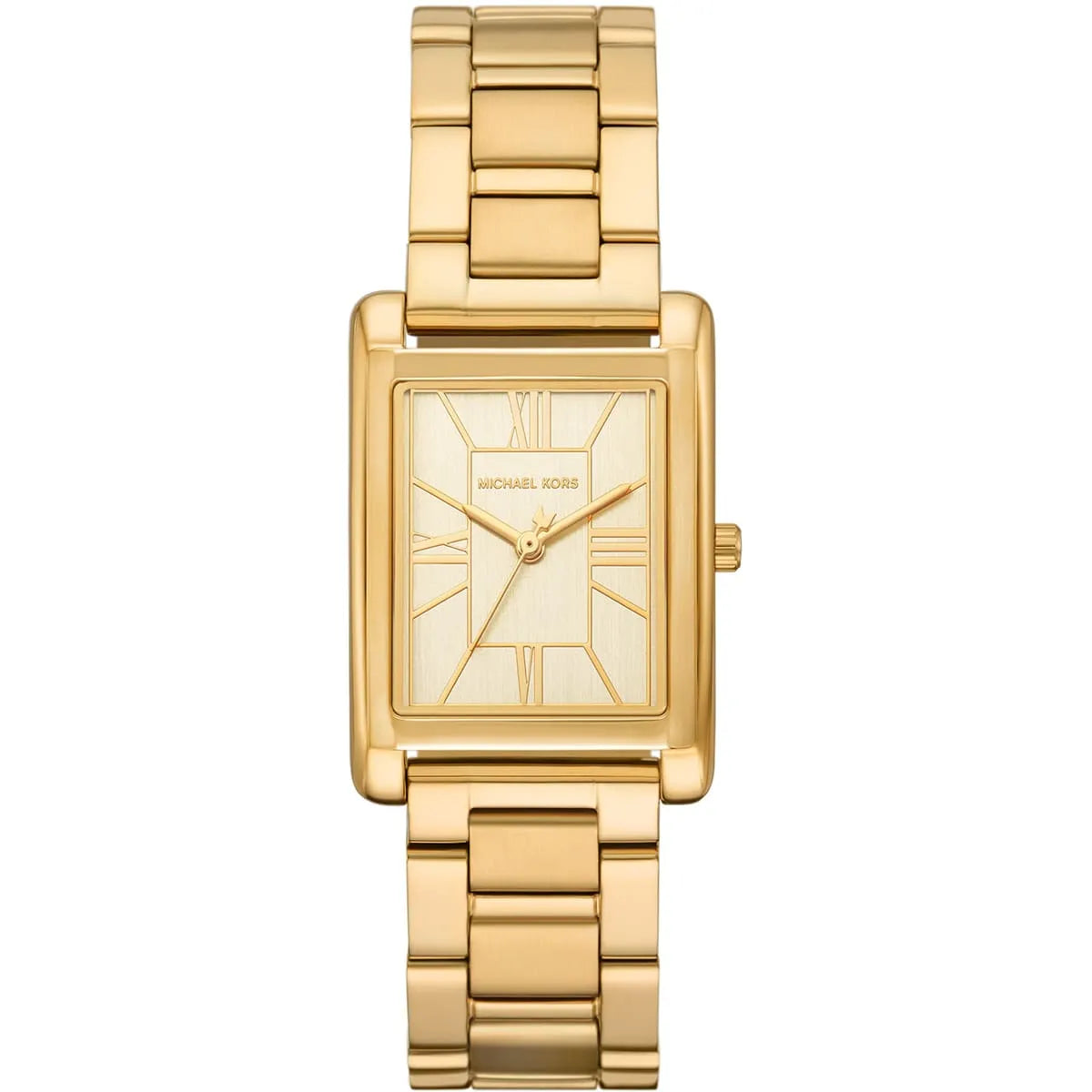 Michael Kors Essex women's watch with gold square dial, Roman numerals, and gold stainless steel bracelet