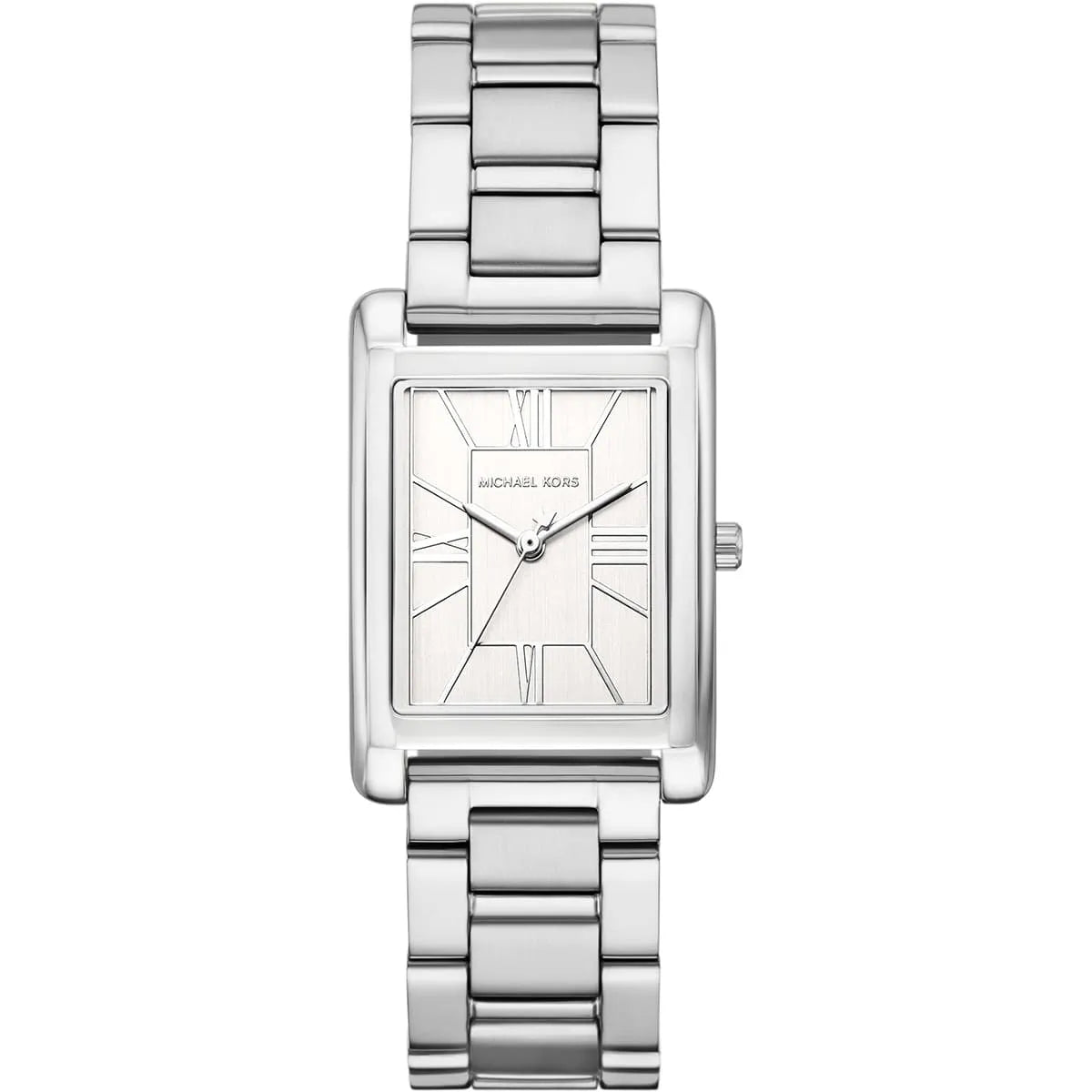 Michael Kors Essex women's watch with rectangular silver dial and stainless steel bracelet