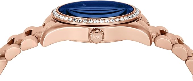 Close-up of Michael Kors MK4926 blue dial with subdials and crystal bezel detail