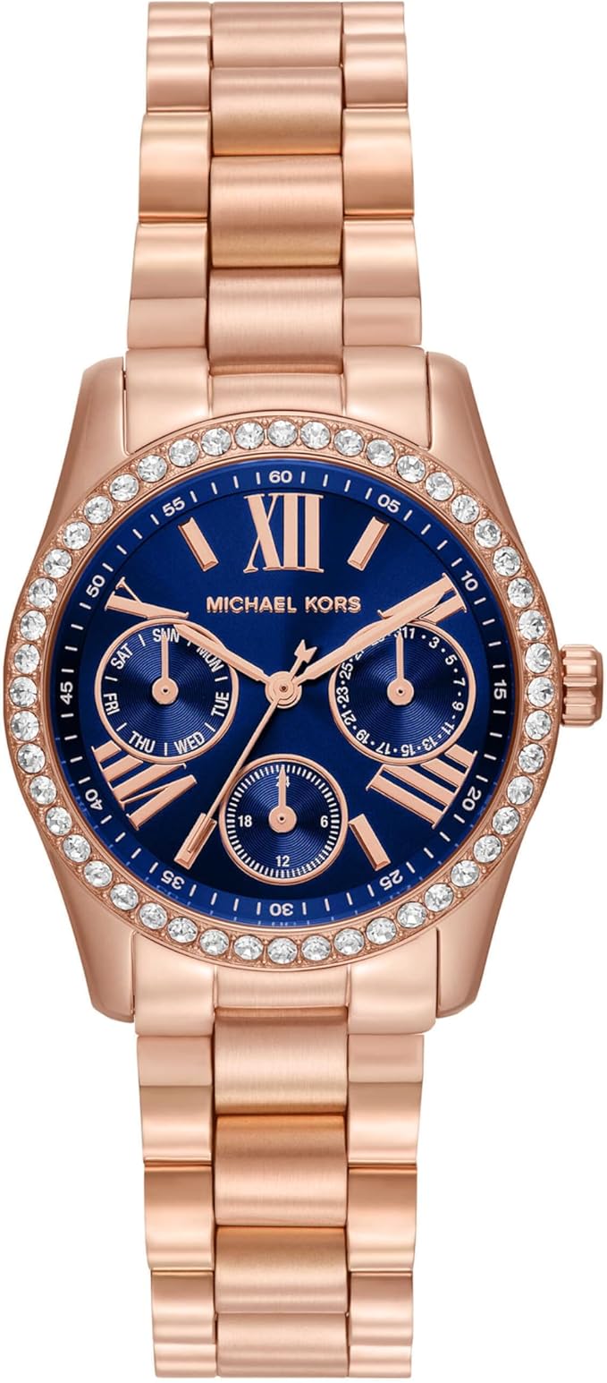Michael Kors MK4926 rose gold multifunction watch with blue dial and crystal bezel