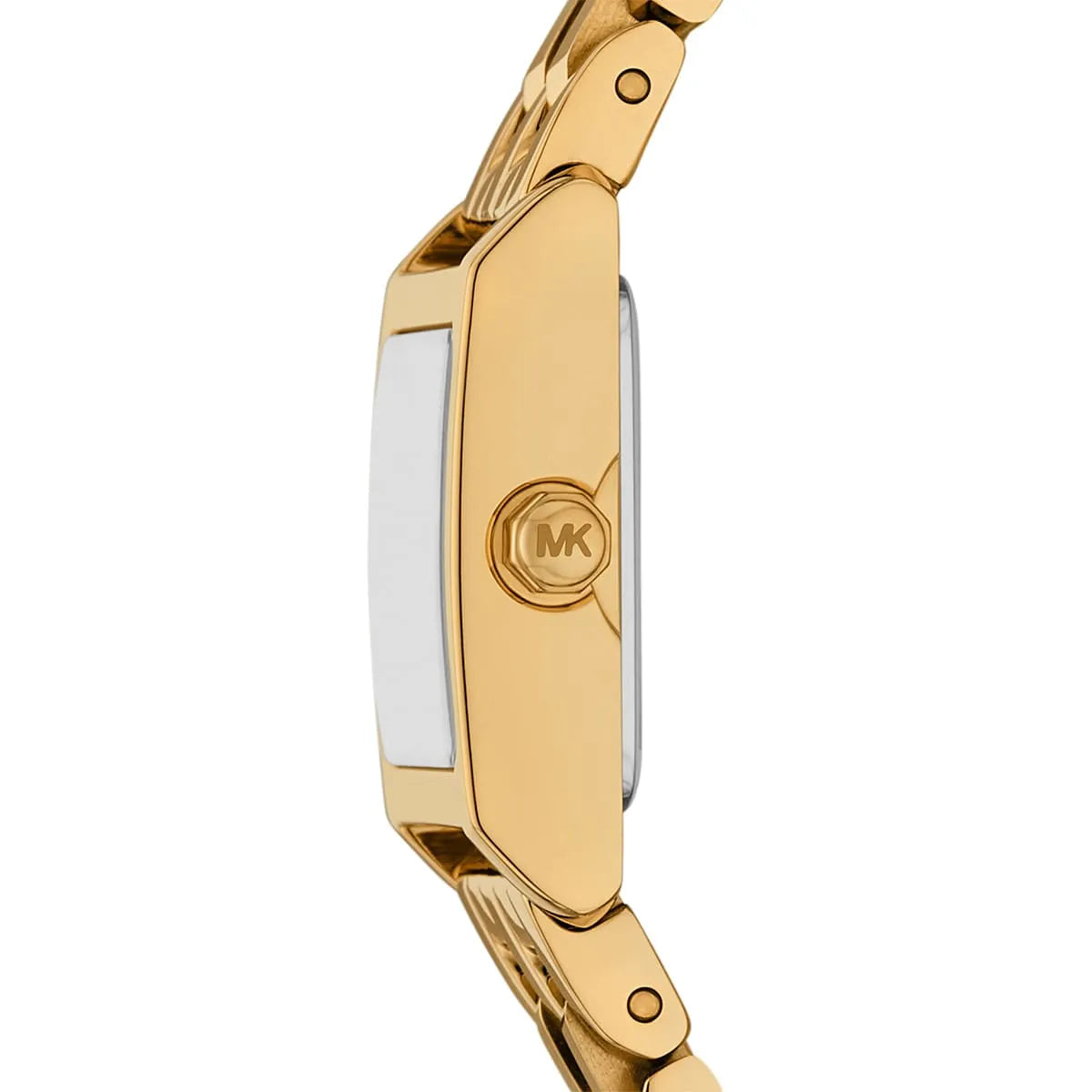 Side profile of Michael Kors Georgie watch showing square case and gold finish