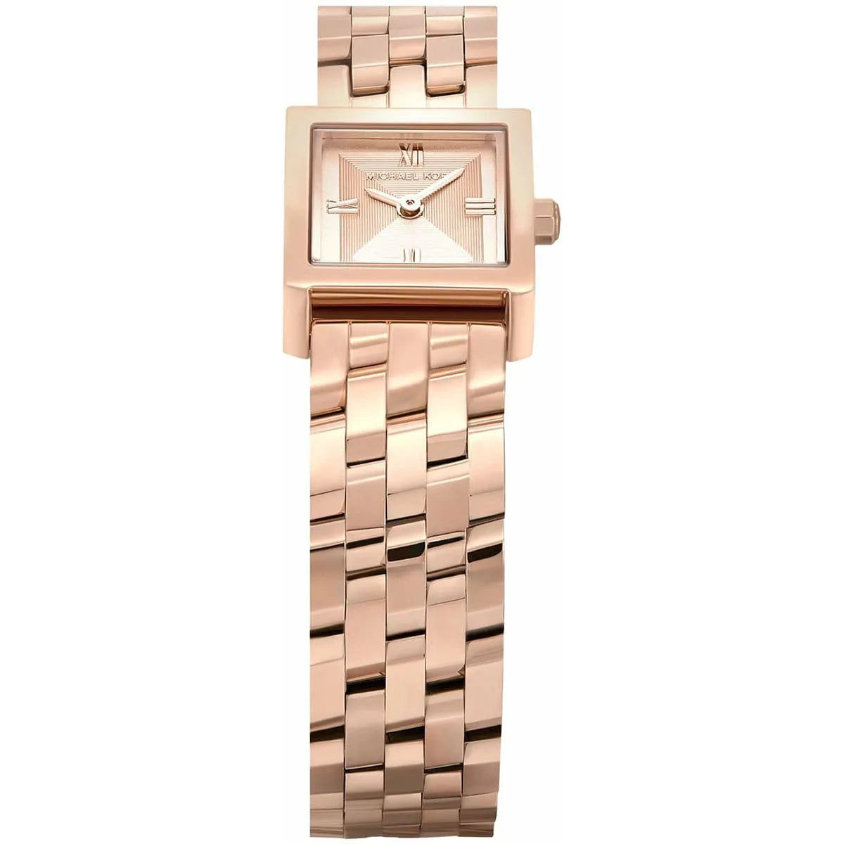 Michael Kors Georgie square rose gold watch with textured dial and Roman numeral markers