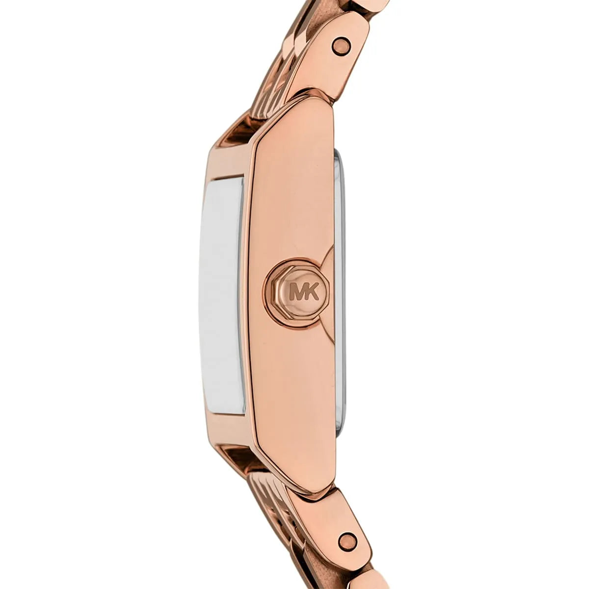 Side view of Michael Kors Georgie watch showing rose gold case with MK logo