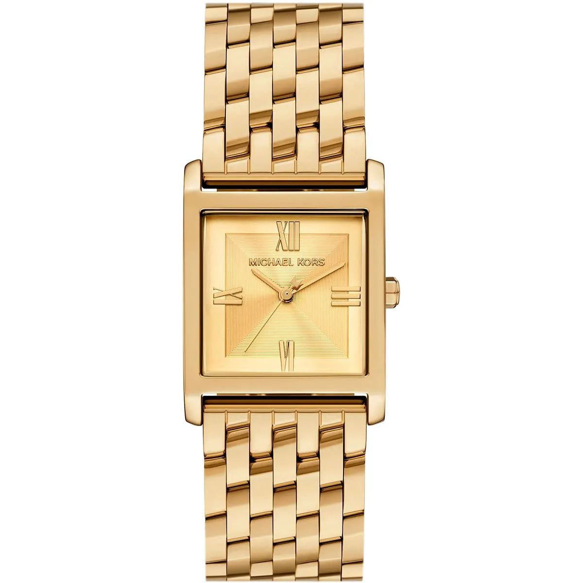 Michael Kors Georgie gold women's watch with square dial, roman numerals, and gold stainless steel strap