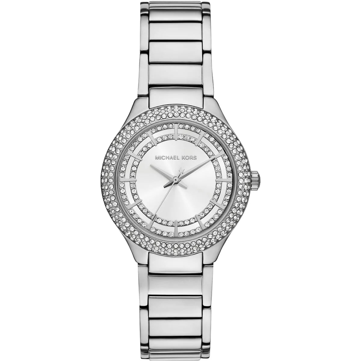 Michael Kors Sylvia silver-tone women's watch with crystal-set bezel and white dial