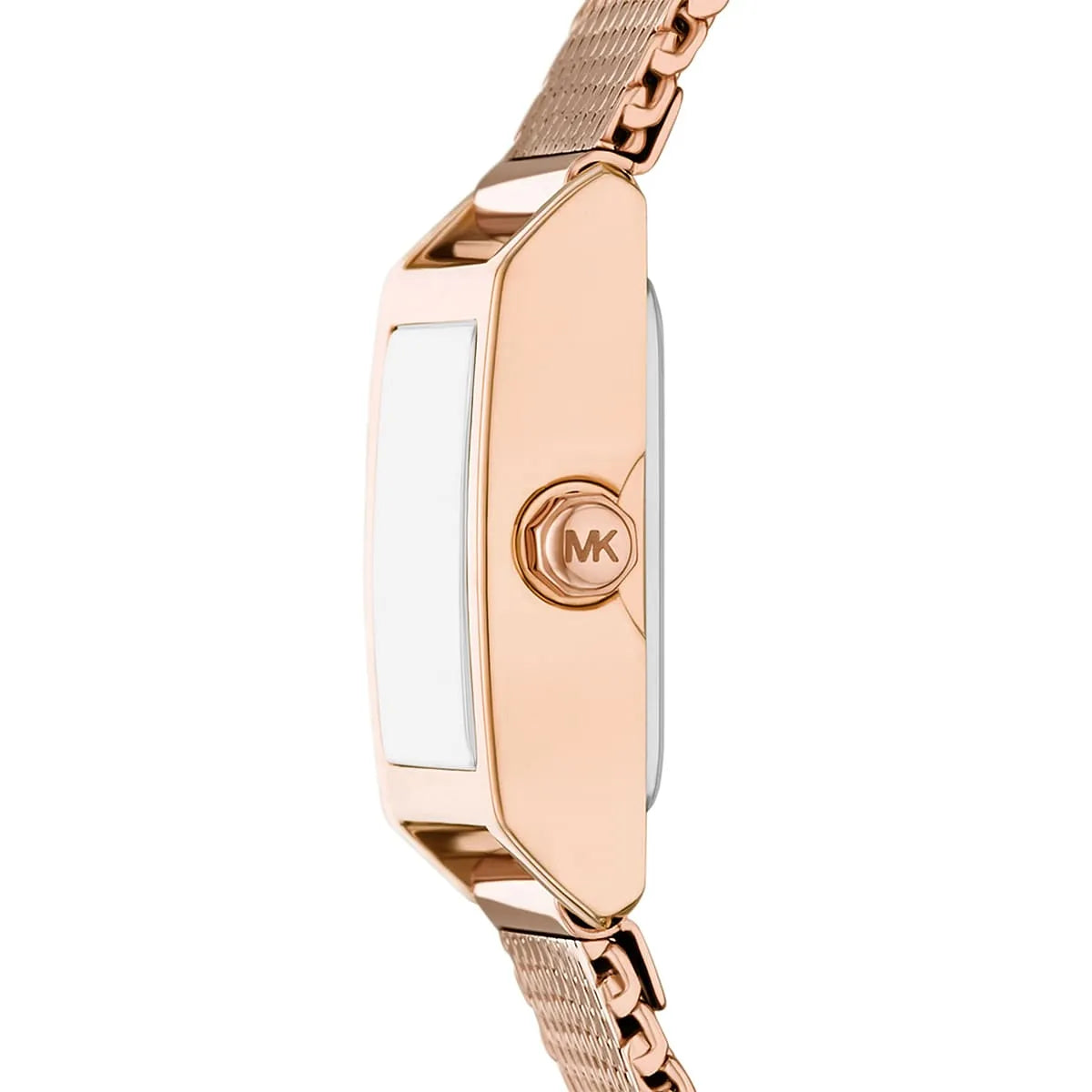 Michael Kors Georgie MK4960 rose gold watch side profile with MK logo