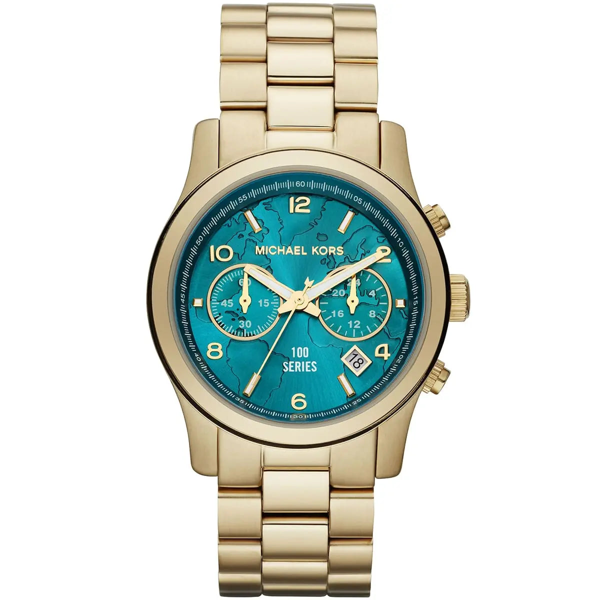 Michael Kors chronograph watch with turquoise dial, gold-tone case, three subdials, and gold bracelet