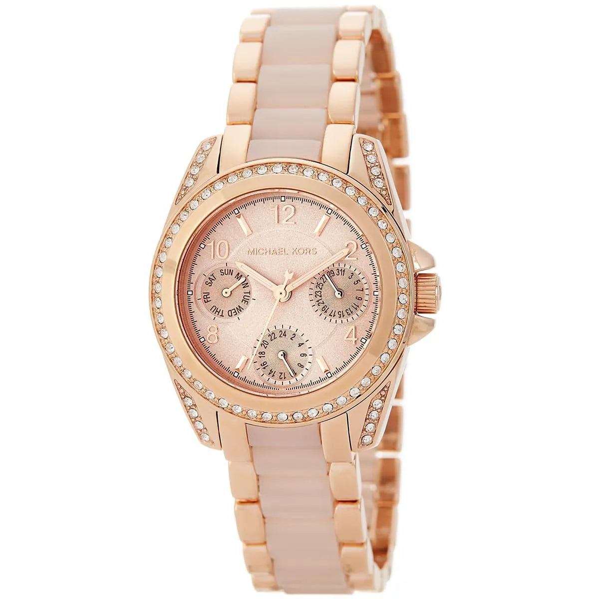 Michael Kors Mini Blair rose gold watch angled view showing multifunction dial and mixed metal strap