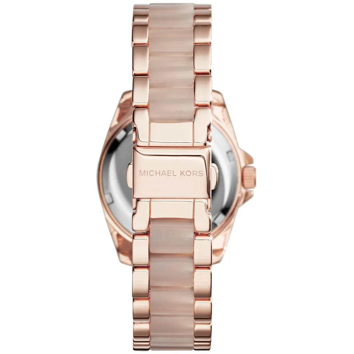 Michael Kors Mini Blair caseback showing rose gold stainless steel with MK branding and blush ceramic