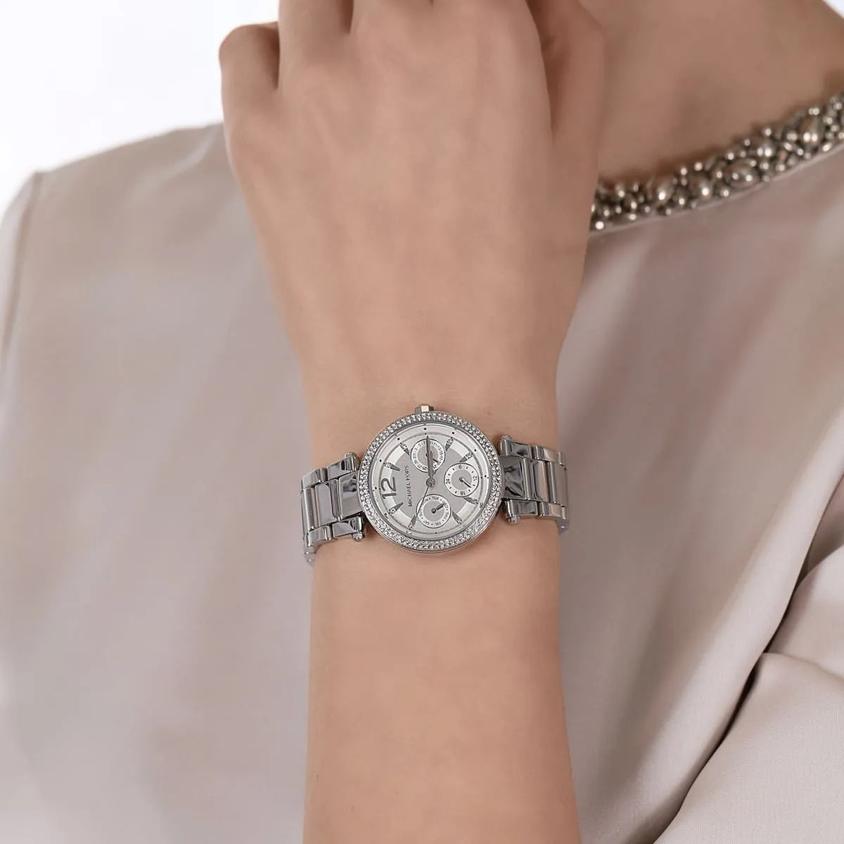 Michael Kors Parker Mini Multifunction White Dial Silver Women's Watch - MK6350