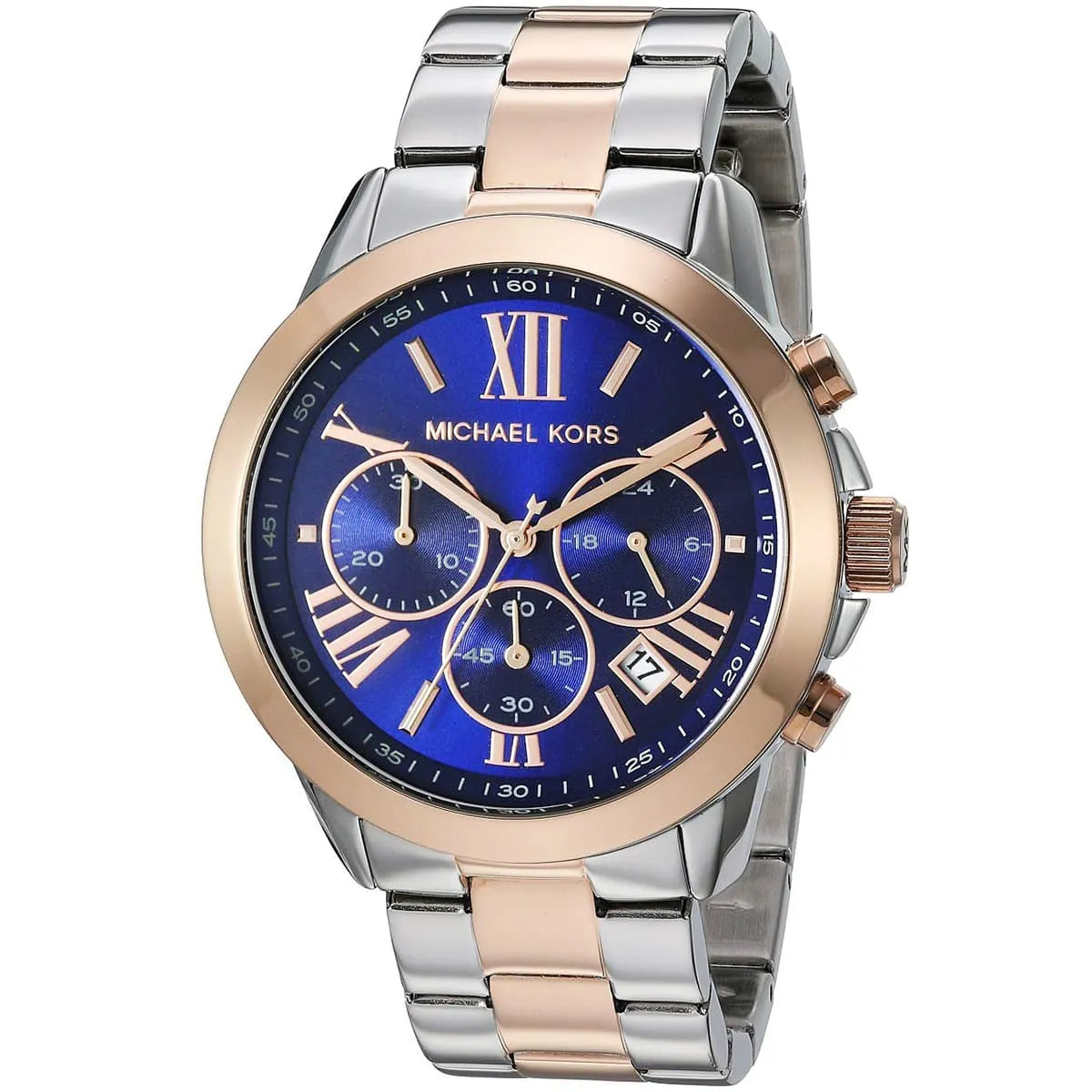 Michael Kors Bradshaw women's chronograph watch showing blue dial and two-tone metal strap