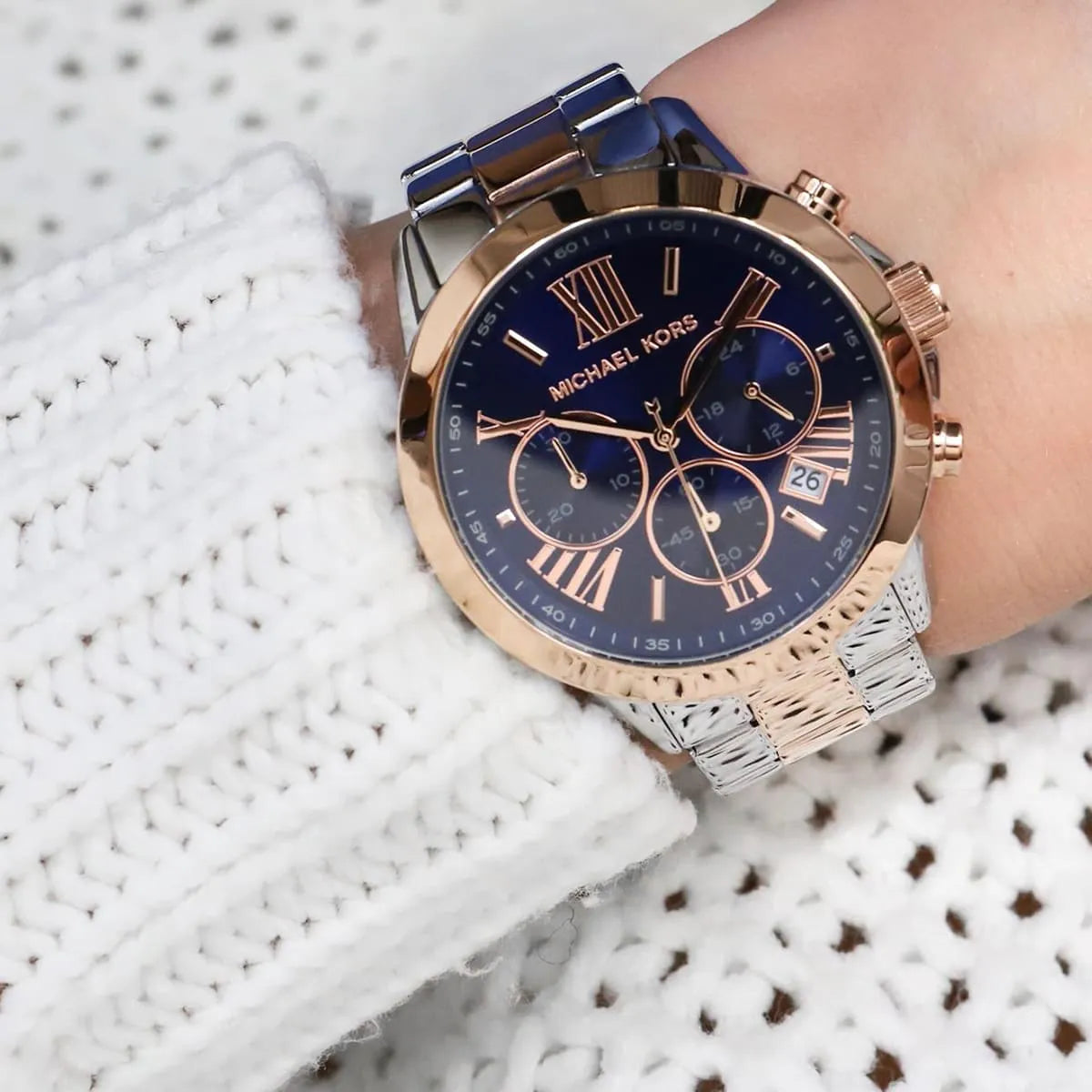 Michael Kors Bradshaw MK6389 worn on wrist showing blue dial and two-tone bracelet