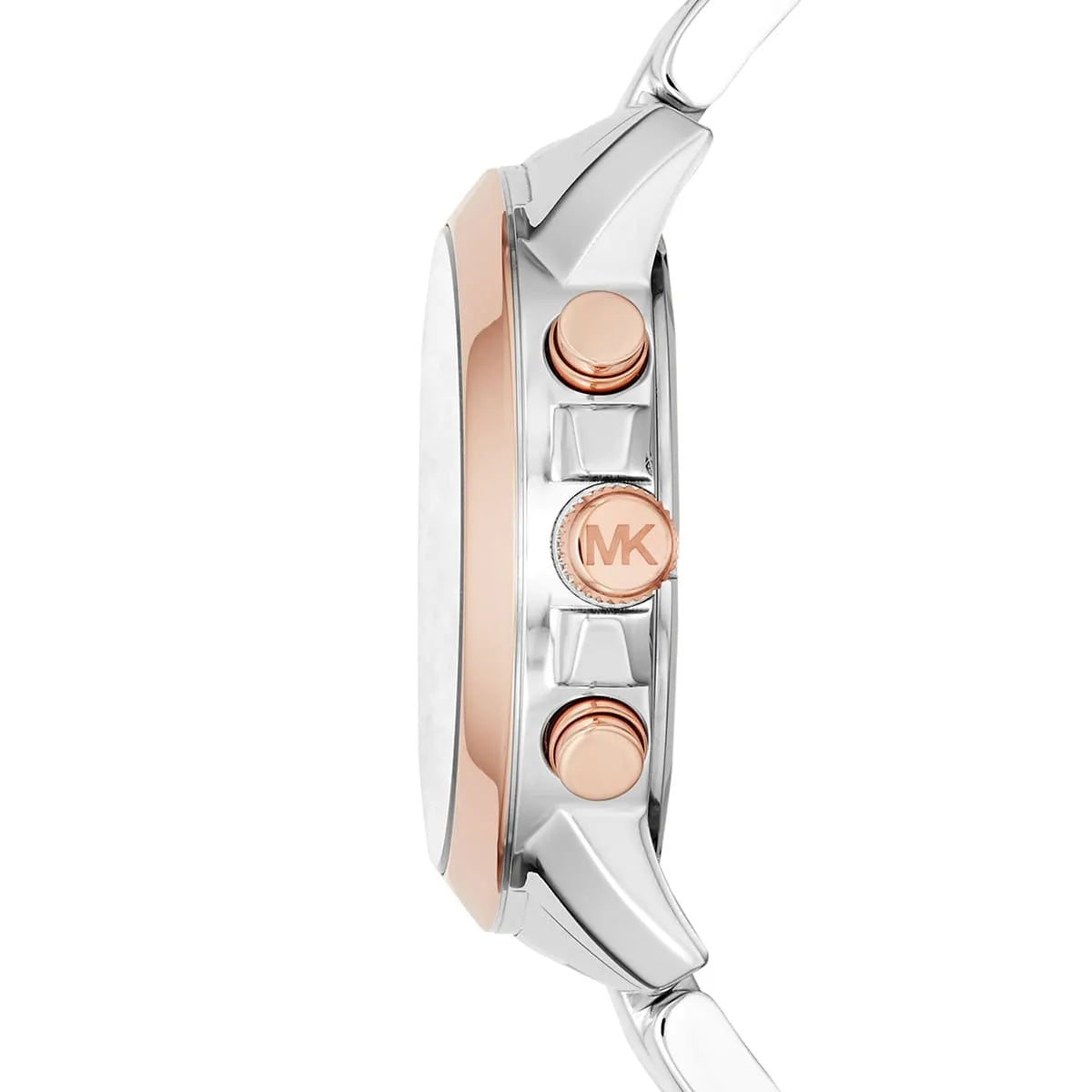 Side profile of Michael Kors Bradshaw showing rose gold crown and chronograph pushers