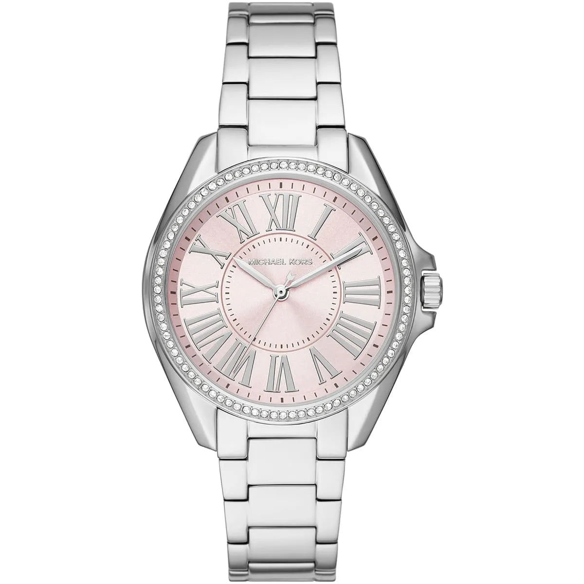 Michael Kors Kacie women's watch with pink dial, Roman numerals, crystal bezel, and silver metal strap