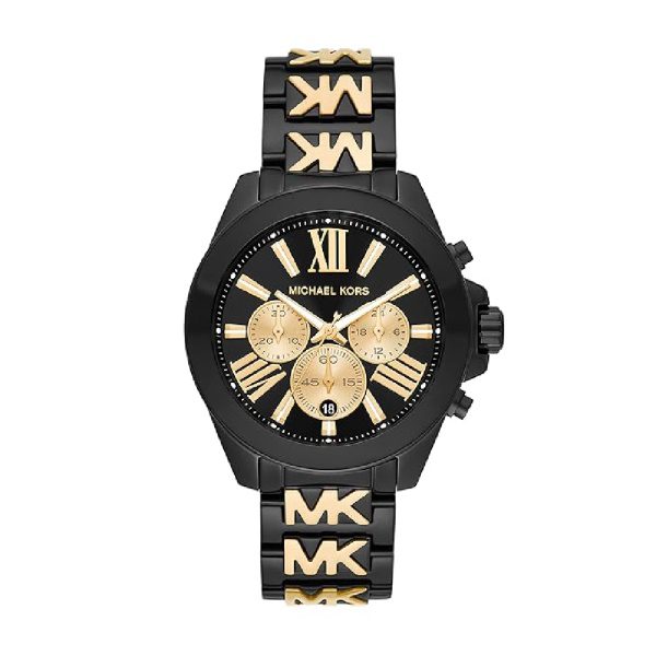 Michael Kors Wren women's chronograph watch with black dial and two-tone black and gold strap