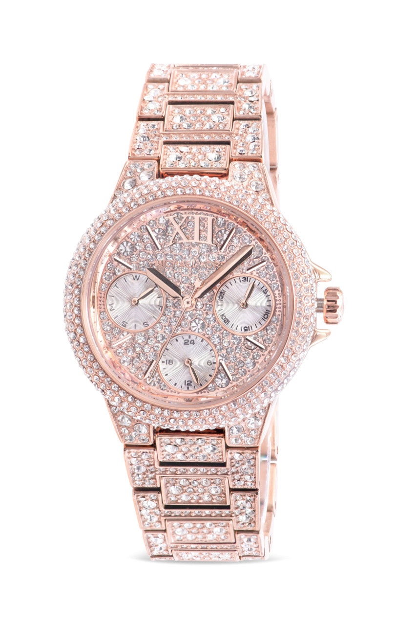 Michael Kors Mini Camille Pavé rose gold-tone women's watch with crystal-set dial and bracelet