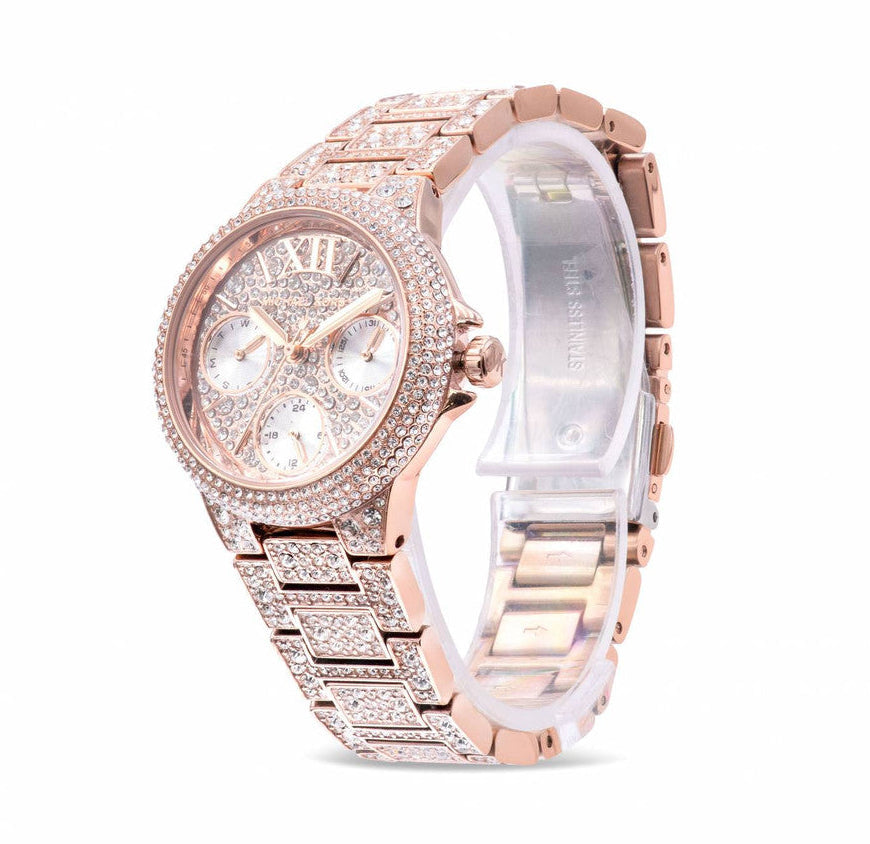 Side view of Michael Kors Mini Camille Pavé rose gold watch showing crystal-set case and bracelet profile