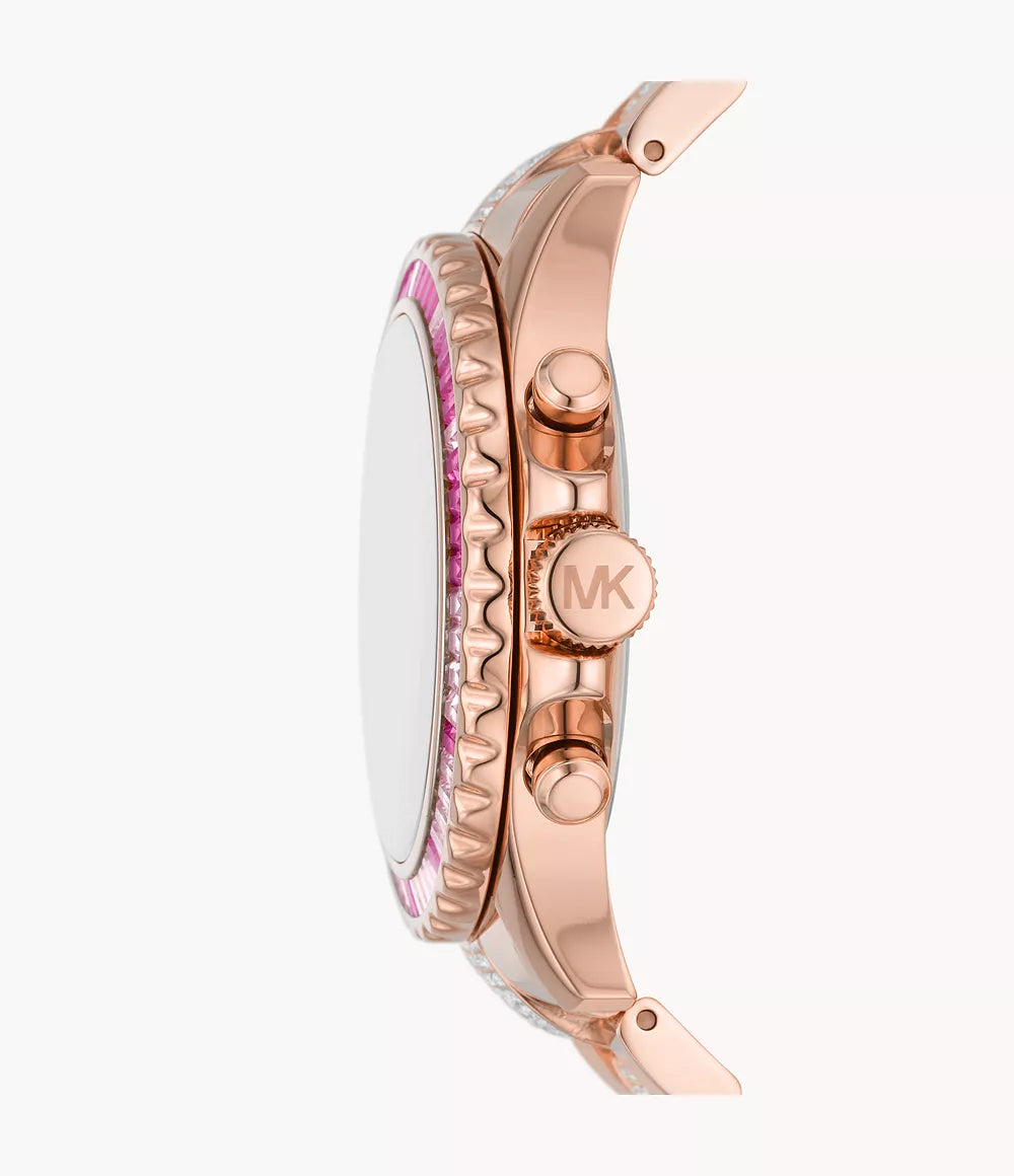 Side view of Michael Kors MK7211 showing rose gold case, purple bezel, and pavé bracelet