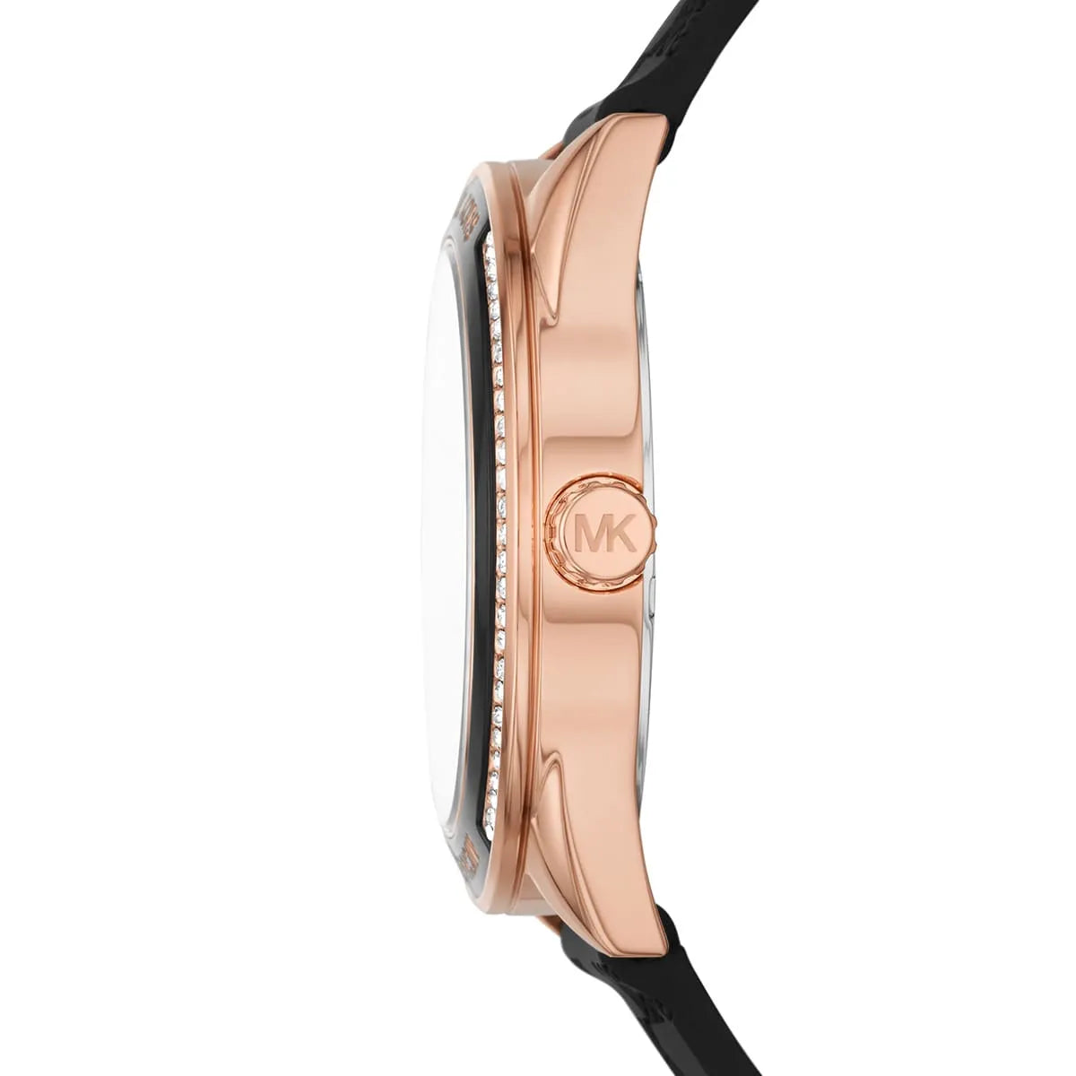 Side view of Michael Kors Jessa MK7266 watch showing rose gold case profile and black strap