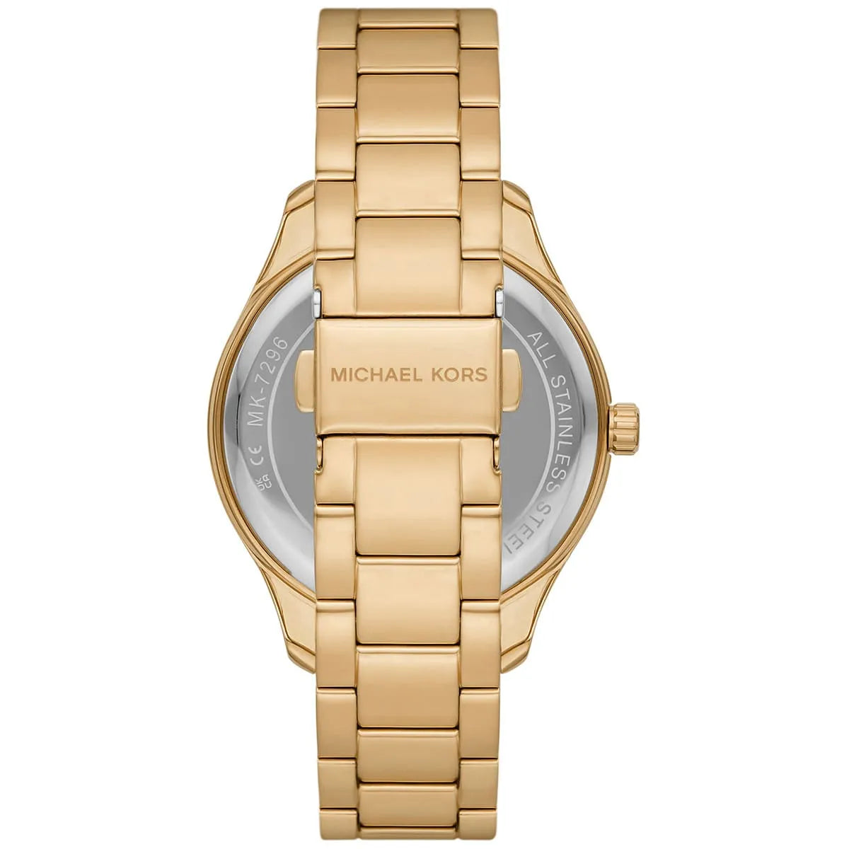 Caseback of Michael Kors MK7296 watch showing brand engraving and metal case