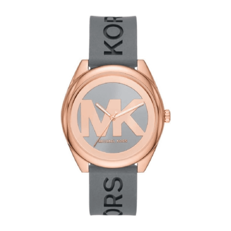 Michael Kors Janelle women's watch with rose gold case, grey dial, and grey rubber strap