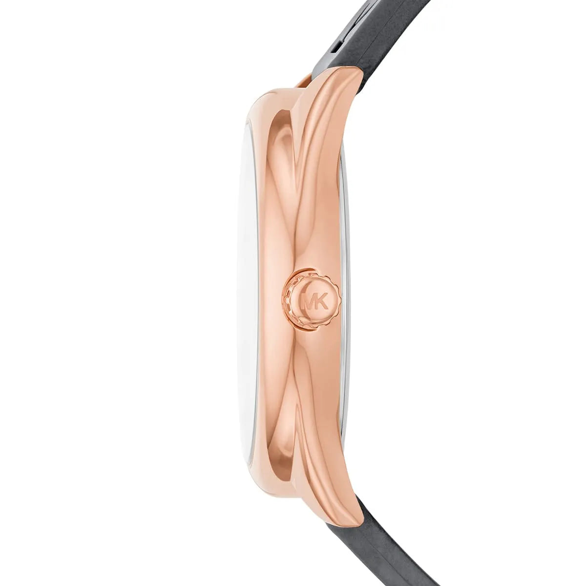 Michael Kors Janelle watch side view displaying rose gold case profile and crown detail