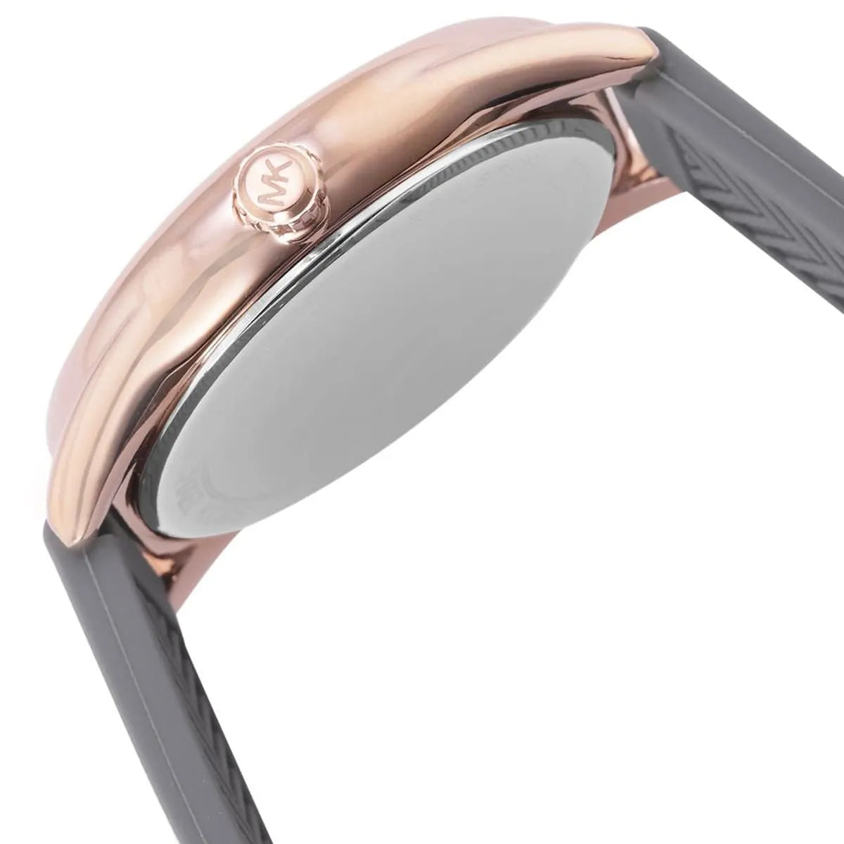 Side profile of Michael Kors Janelle watch showing rose gold case thickness and grey strap